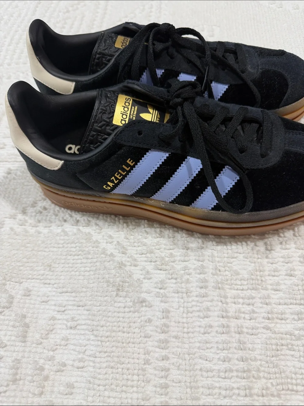 adidas gazelle Kids Black Suede Sneakers with Light Blue Stripes and Gum Sole